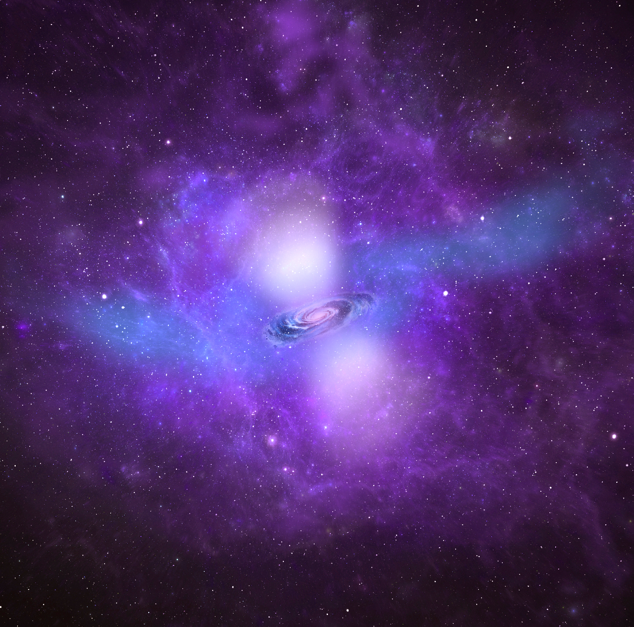 Purpe diffuse CGM, blue
				    accretion, and white outflows
				    surrounding a star-forming galaxy